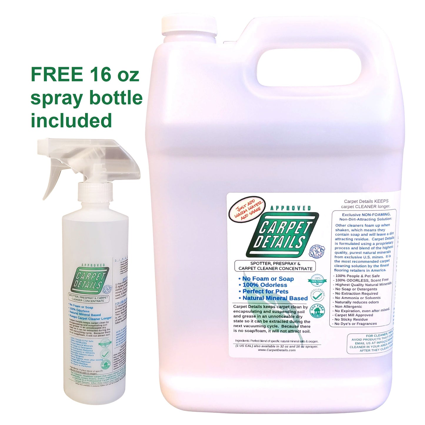 For Home Users Carpet Details Pet Stain and Odor Eliminator Spotter and Cleaner formulated for Home Carpet Cleaning Machines, with free 16 oz sprayer
